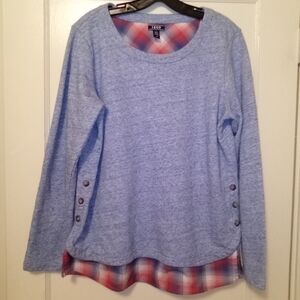 Blue Long Sleeve Top with Plaid Hem Size Large By IZOD